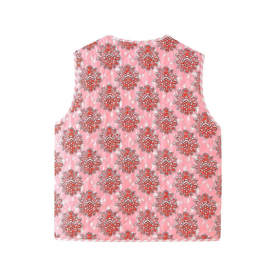 Gilet matelassé fin à lacets et imprimé floral rose