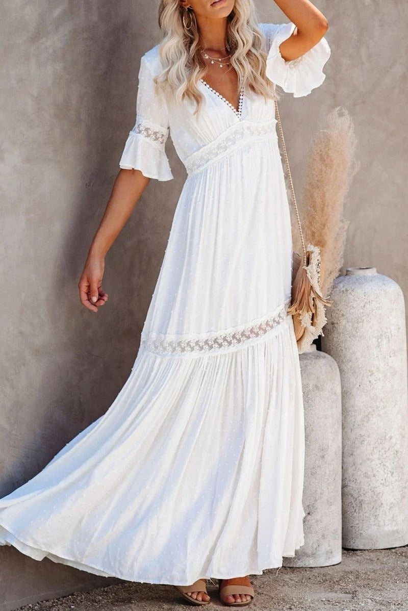 V Neck Ruffle Hem Lace Maxi Dress