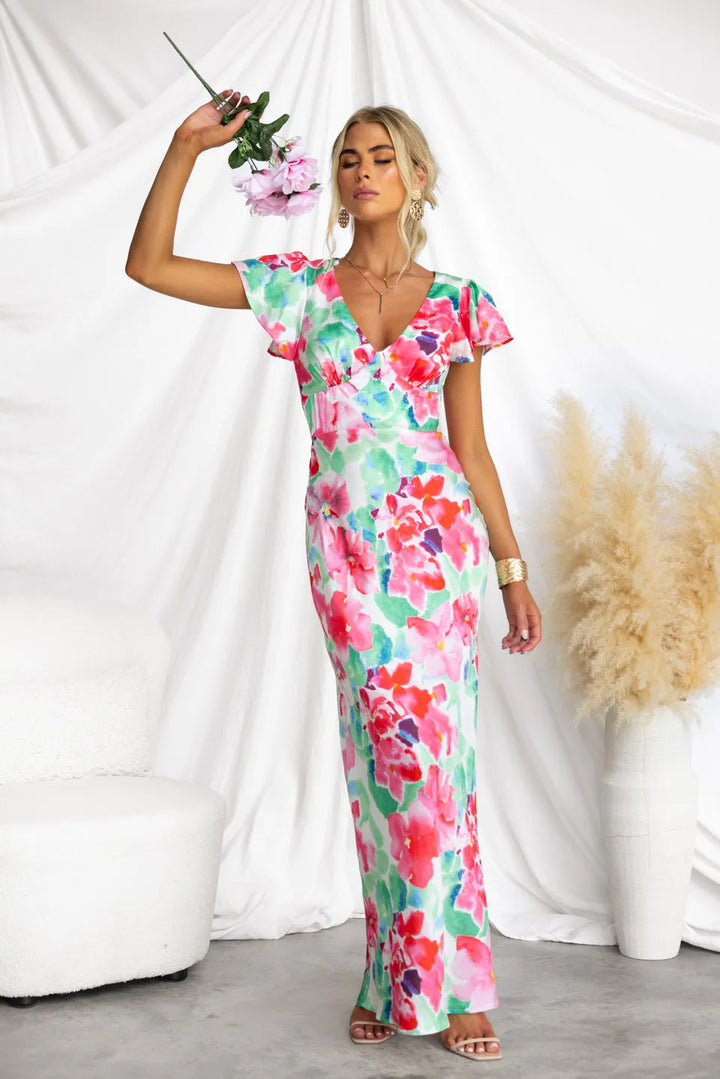 Flower Print V-neck Peplum Sleeve Maxi Dress