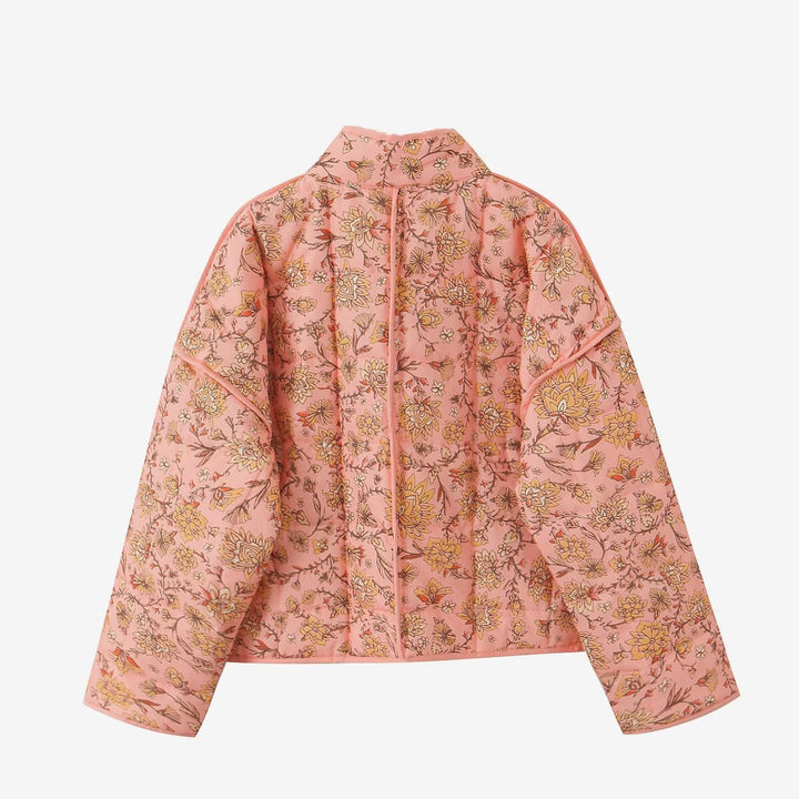 Chaqueta de patchwork con cuello alto y estampado floral