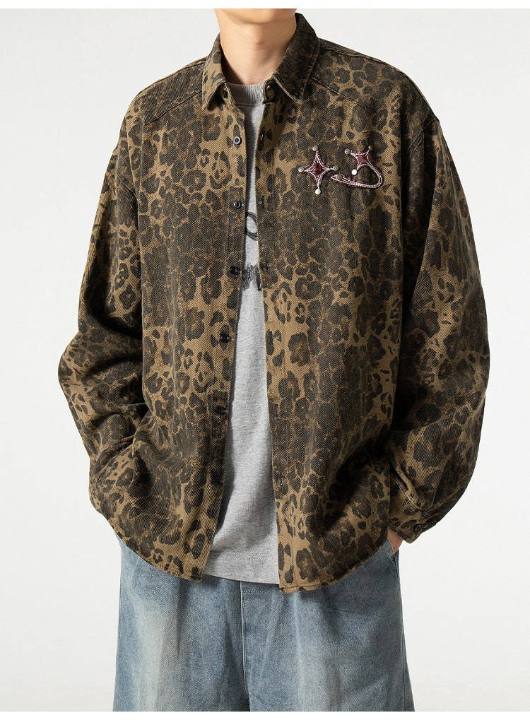 Lovers' Flat Rivets Decorate Leopard Print Jacket