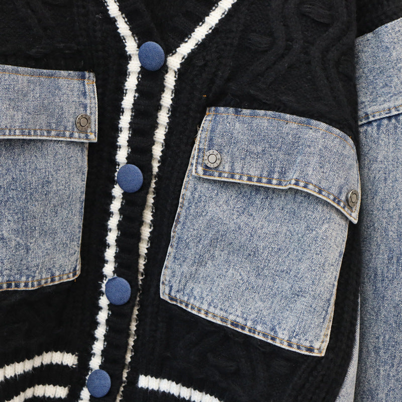 Cardigan lavorato a maglia a trecce patchwork in denim unico