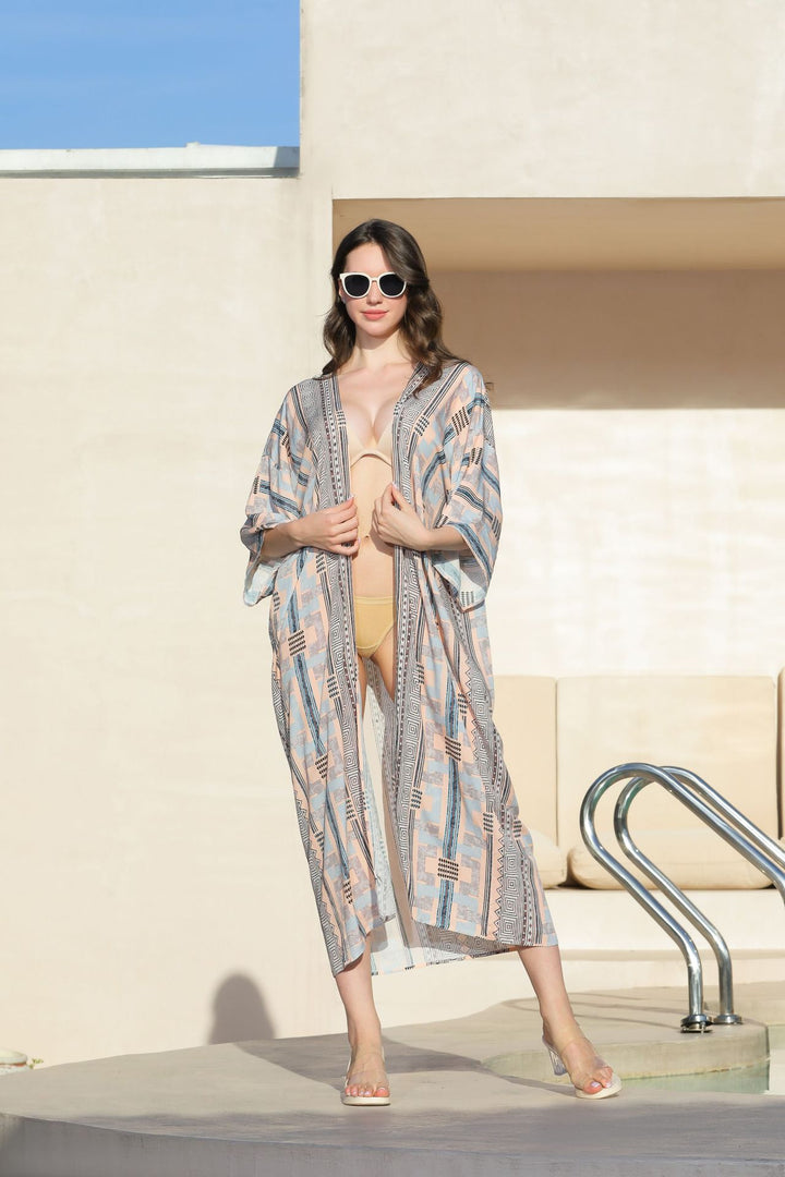 Retro Geometric Ethnic Print Open Front Slit Duster Kimono