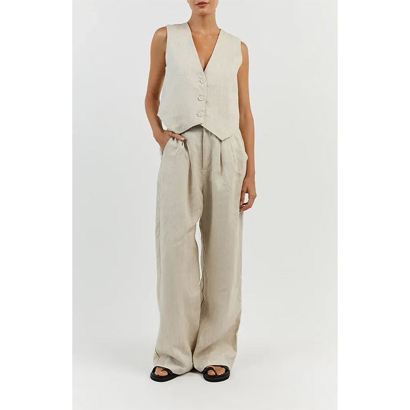 Cotton Linen Suit Vest Wide Leg Pants Fashion Casual Suit