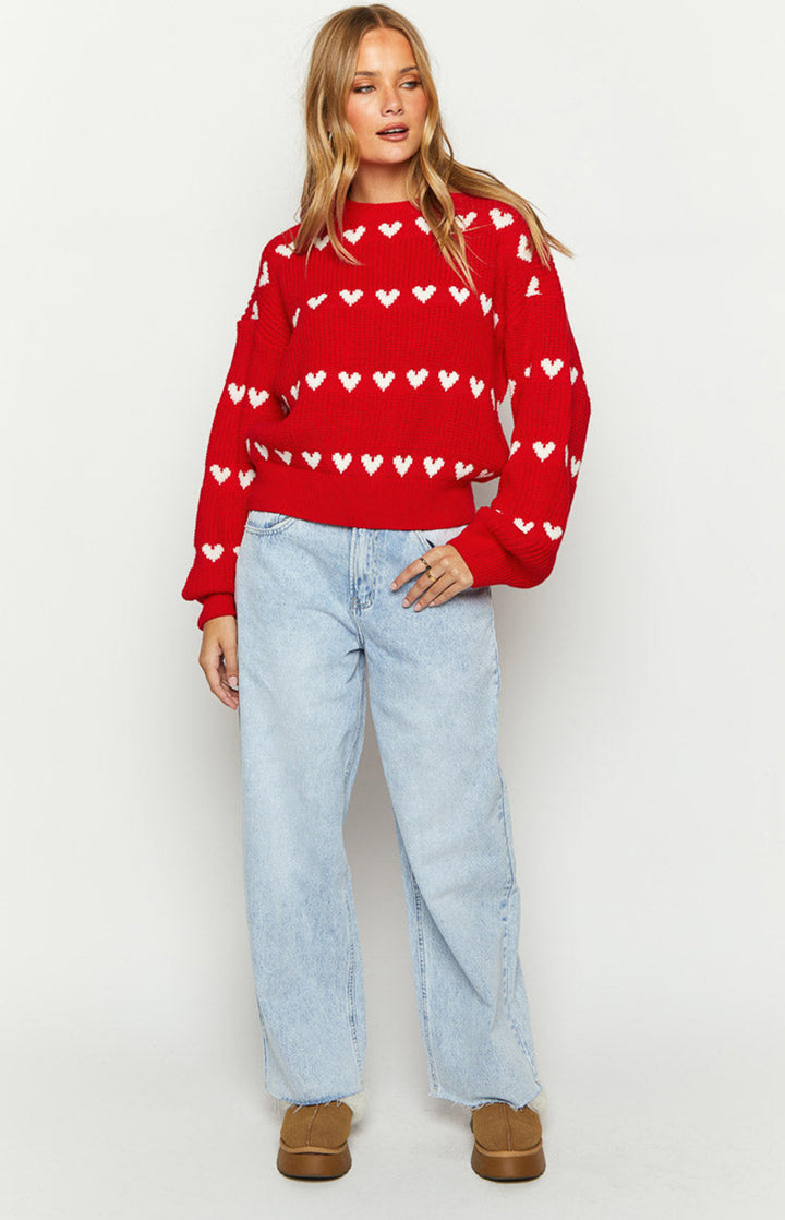 Lovey Red Heart Stripe Knitted Sweater