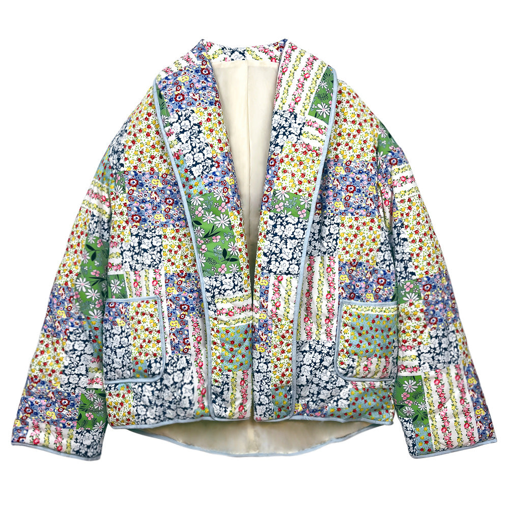 Chaqueta con estampado de patchwork y estampado floral en amarillo verdoso