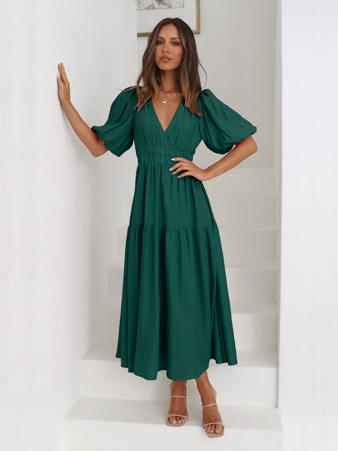 V-neck Puffy Sleeve Pleated Stretch Maxi Dress