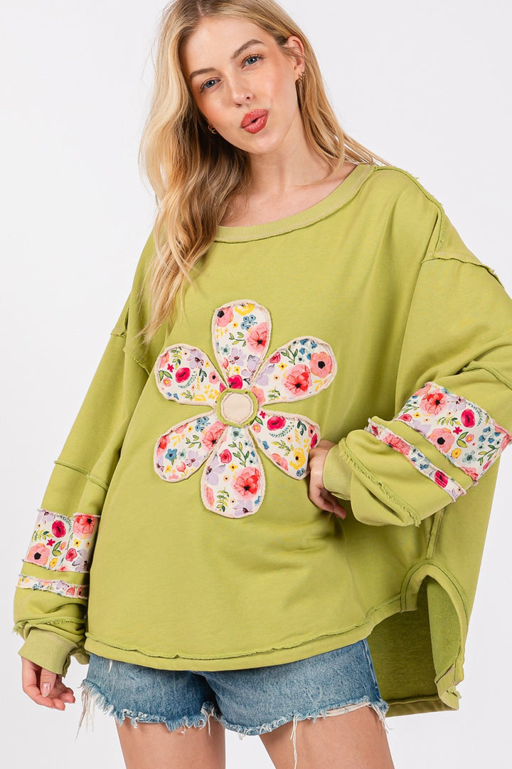 Floral Print Patch Patchwork Long-Sleeved Sweatshirt