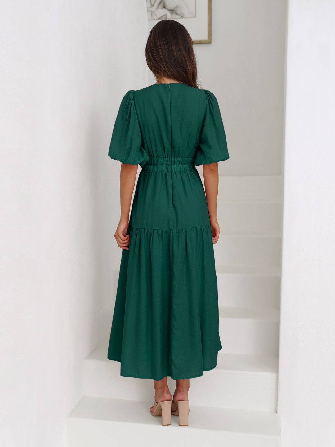 V-neck Puffy Sleeve Pleated Stretch Maxi Dress