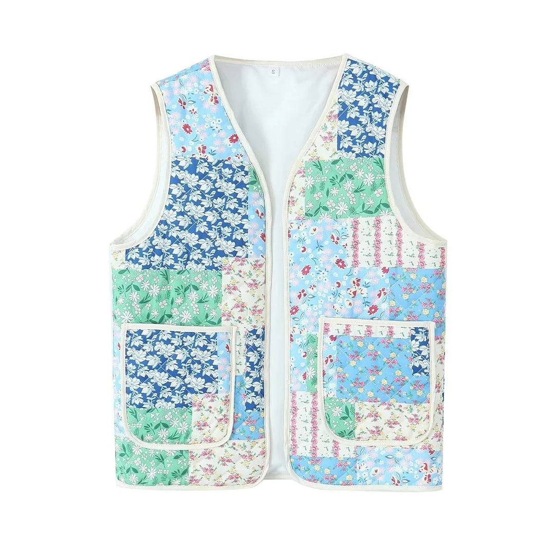 Vintage gewatteerd zakgilet met patchwork en bloemenprint