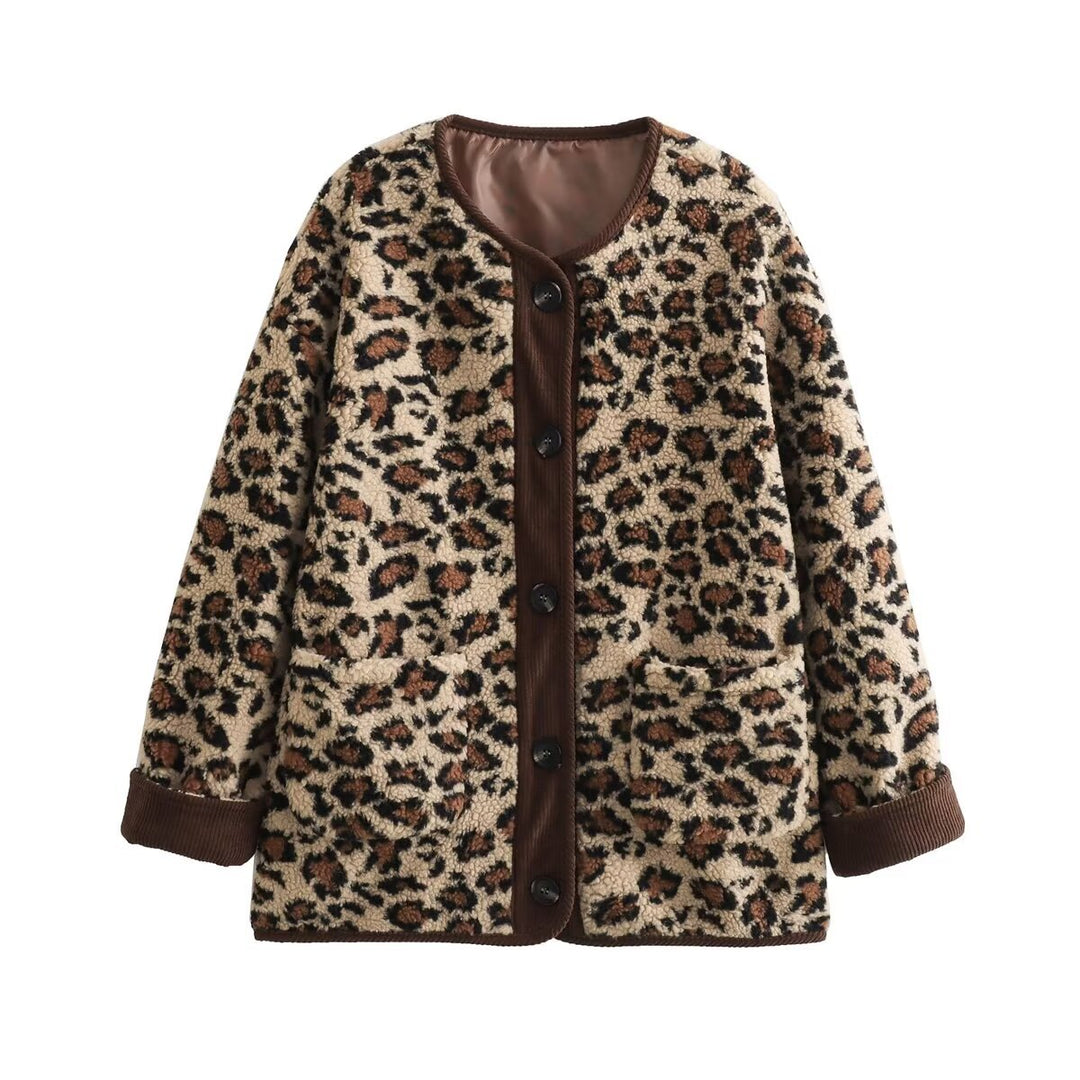 Corduroy Trims Leopard Print Jacket