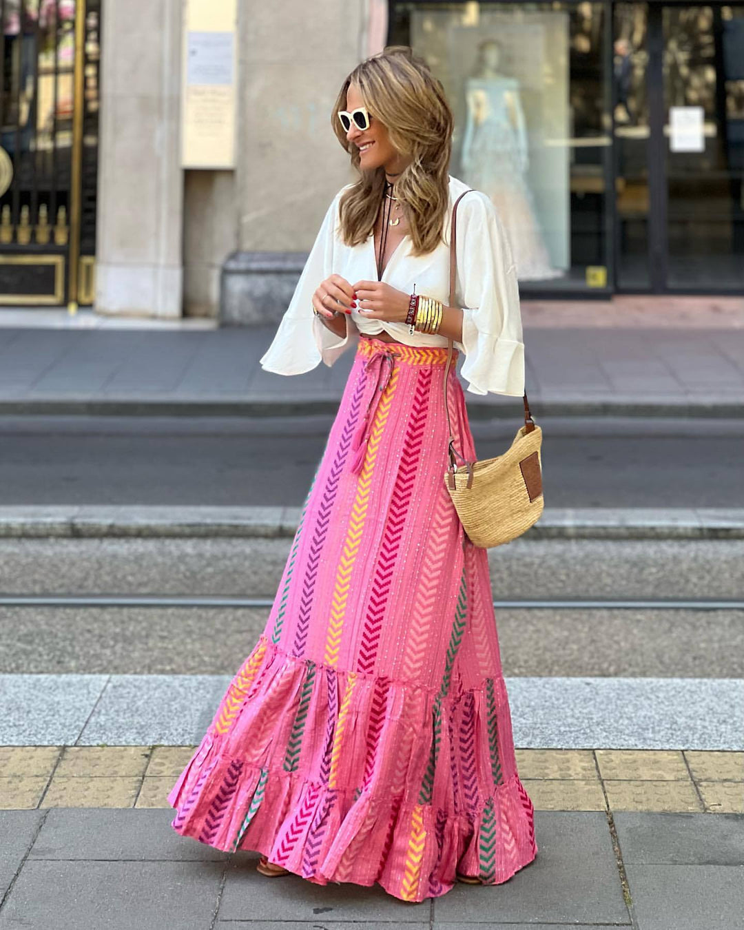 Chevron Pattern High Waist Drawstring Big Swing Maxi Skirt