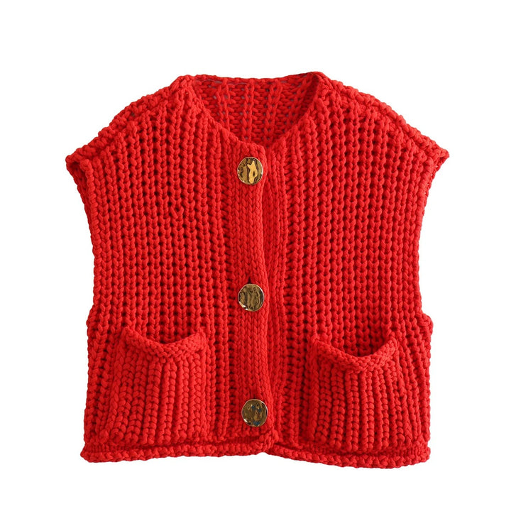 Large Buttons Solid Color Knit Vest Cardigan