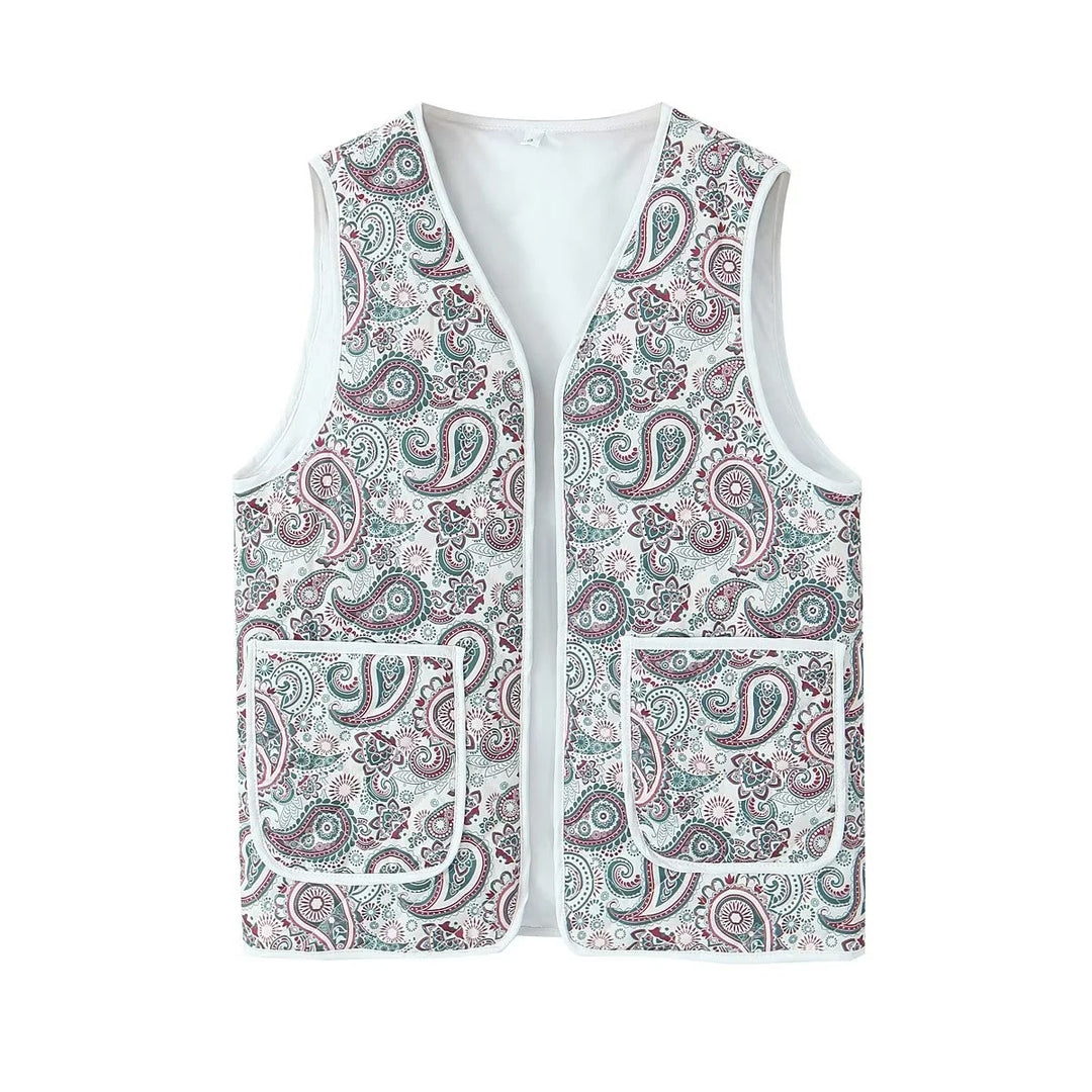 Vintage gewatteerd zakgilet met patchwork en bloemenprint