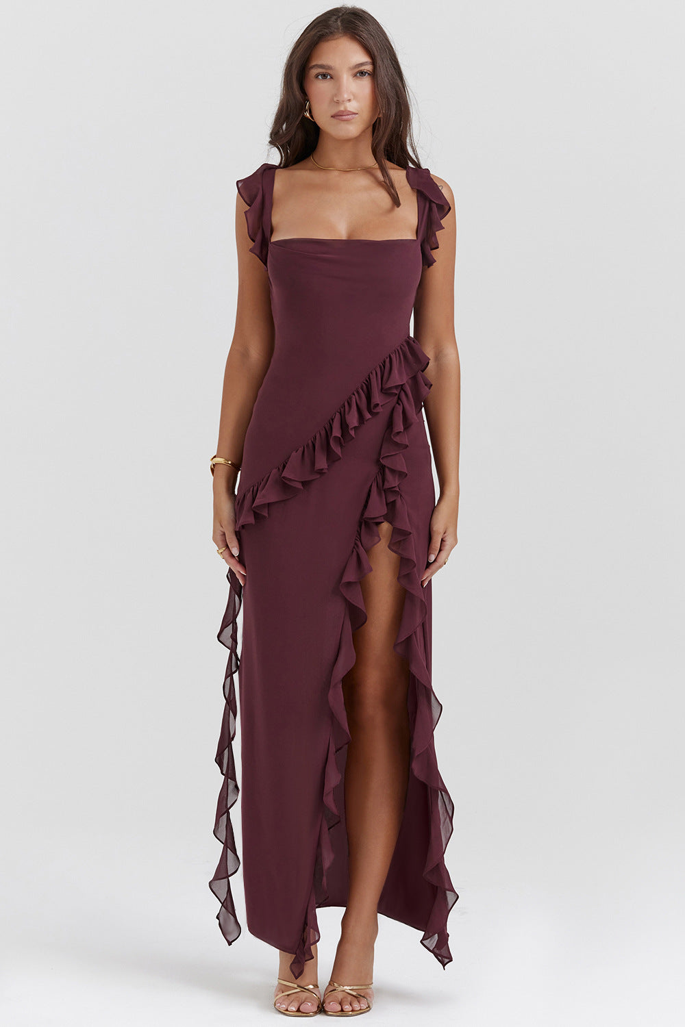 Square Neck Ribbon slit Slim Maxi Dress