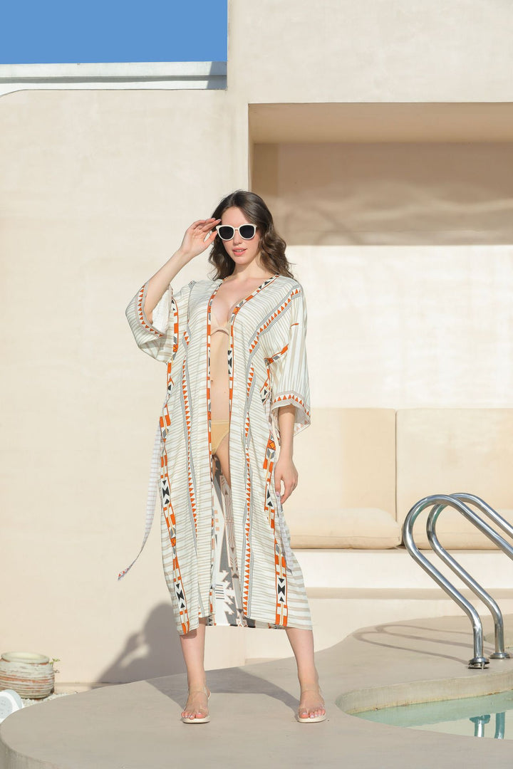 Retro Geometric Ethnic Print Open Front Slit Duster Kimono