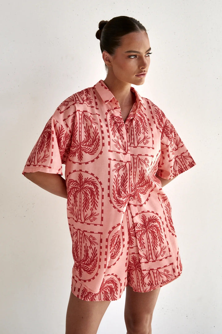 Coconut Tree Print Lapel Shirt Shorts Set