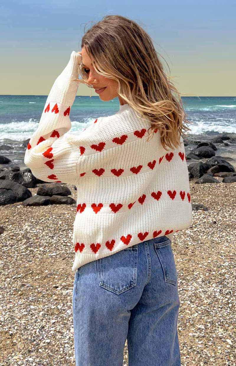 Lovey Red Heart Stripe Knitted Sweater