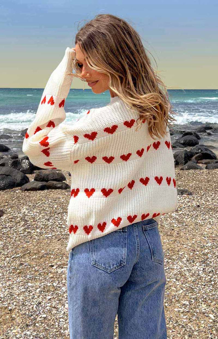 Lovey Red Heart Stripe Knitted Sweater