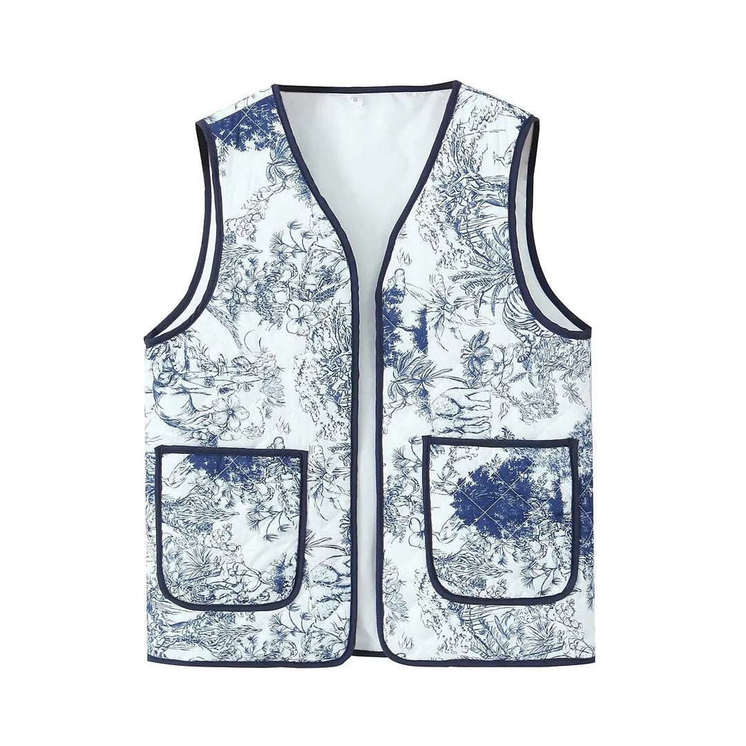 Vintage Patchwork Floral Print Quilted Pocket Waistcoat