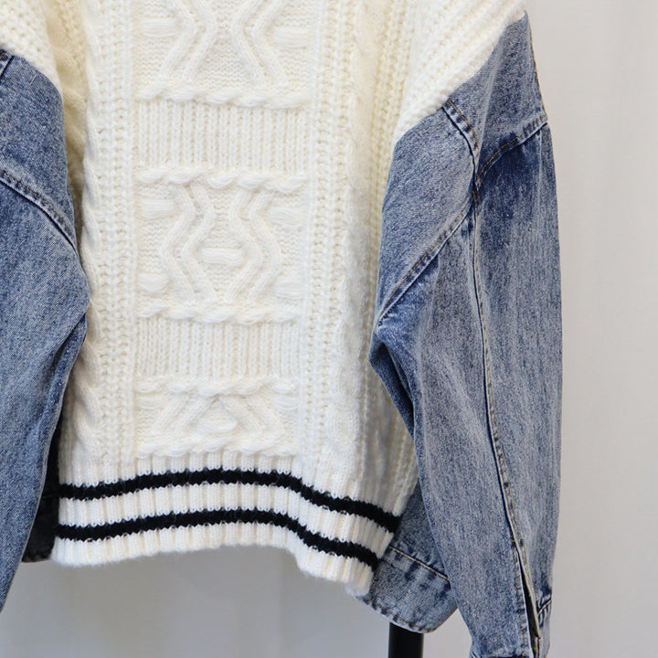 Unique Denim Patchwork Cable Knitted Cardigan