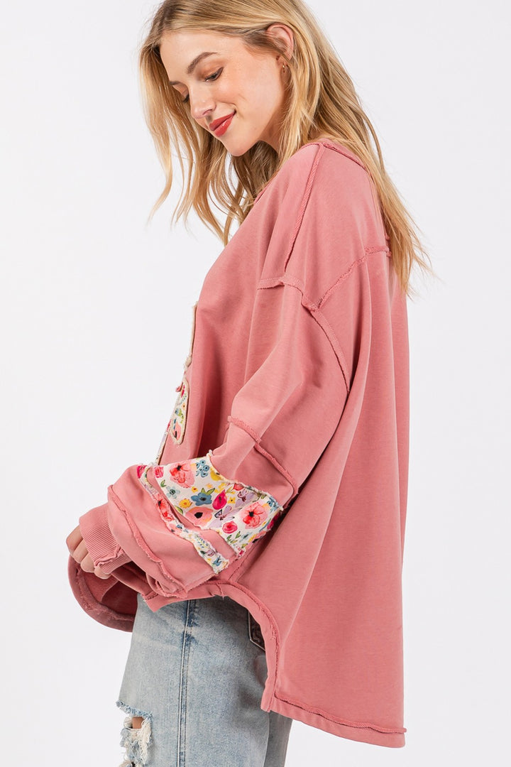 Floral Print Patch Patchwork Long-Sleeved Sweatshirt