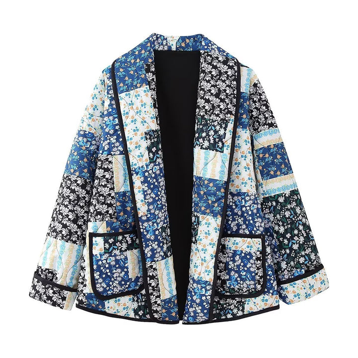 Blommigt Patchwork Print Lapel Pocket Jacka