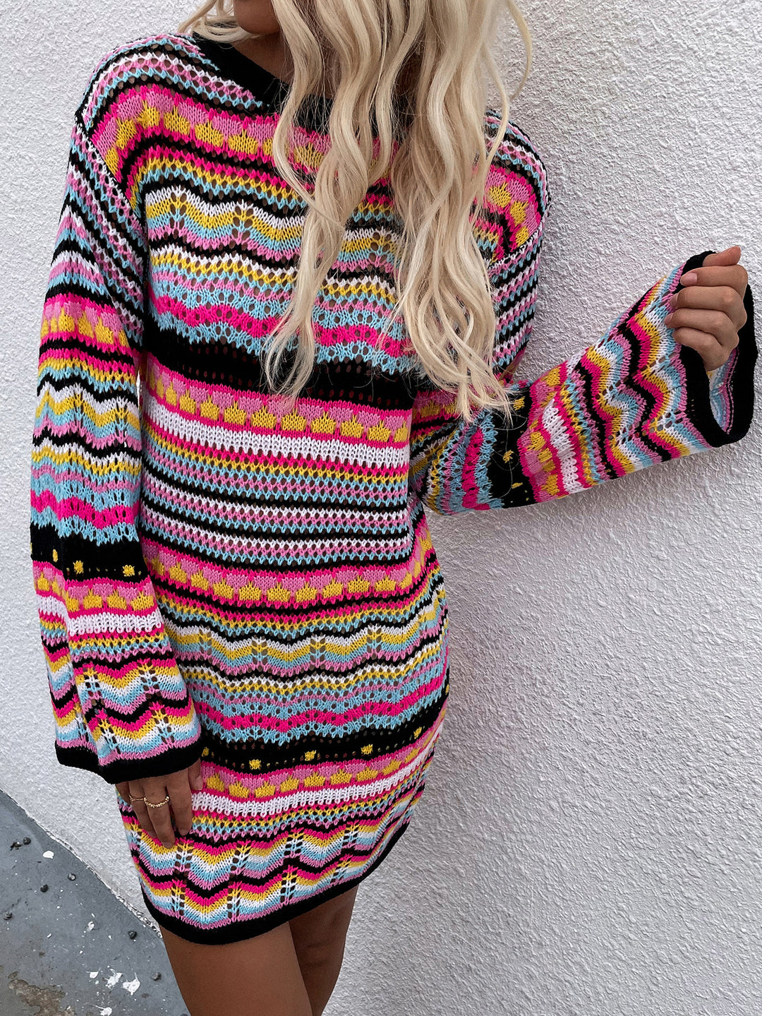 Striped Pullover Mid-Length Sweater Dress