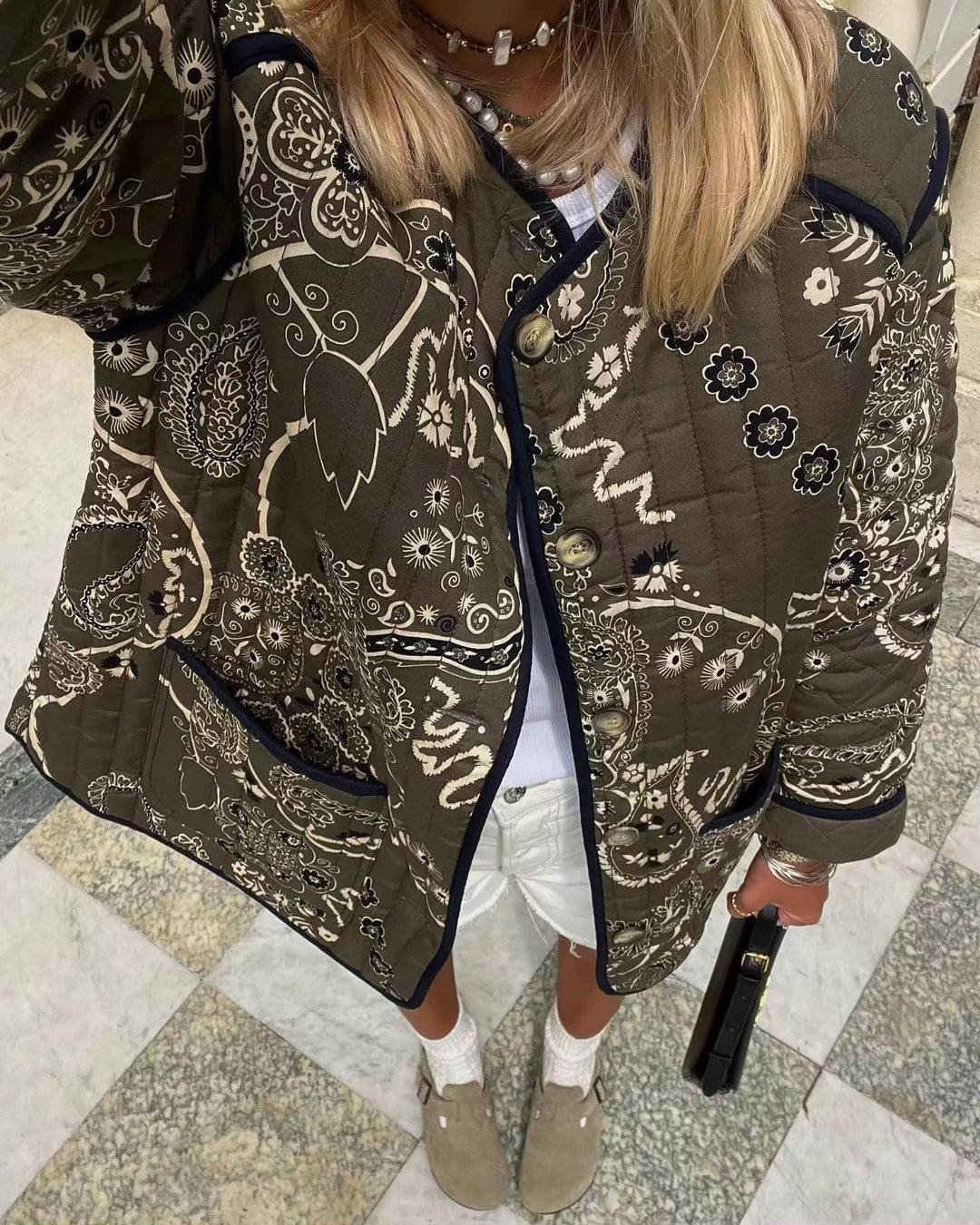 Ethnic Floral Print Quilted Jacket