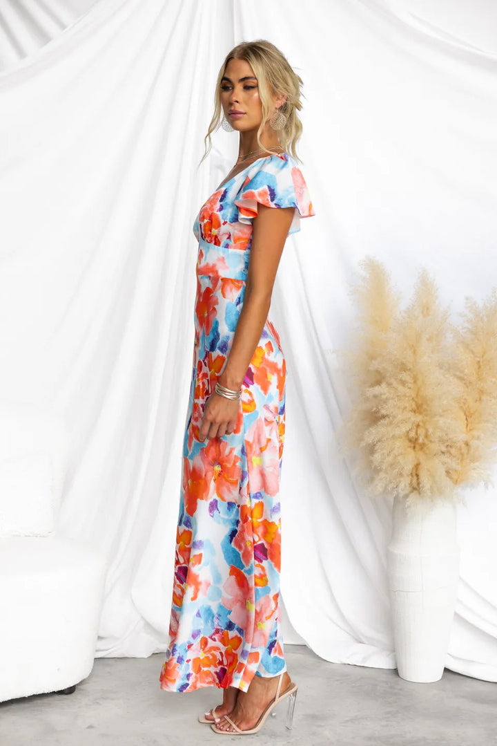 Flower Print V-neck Peplum Sleeve Maxi Dress