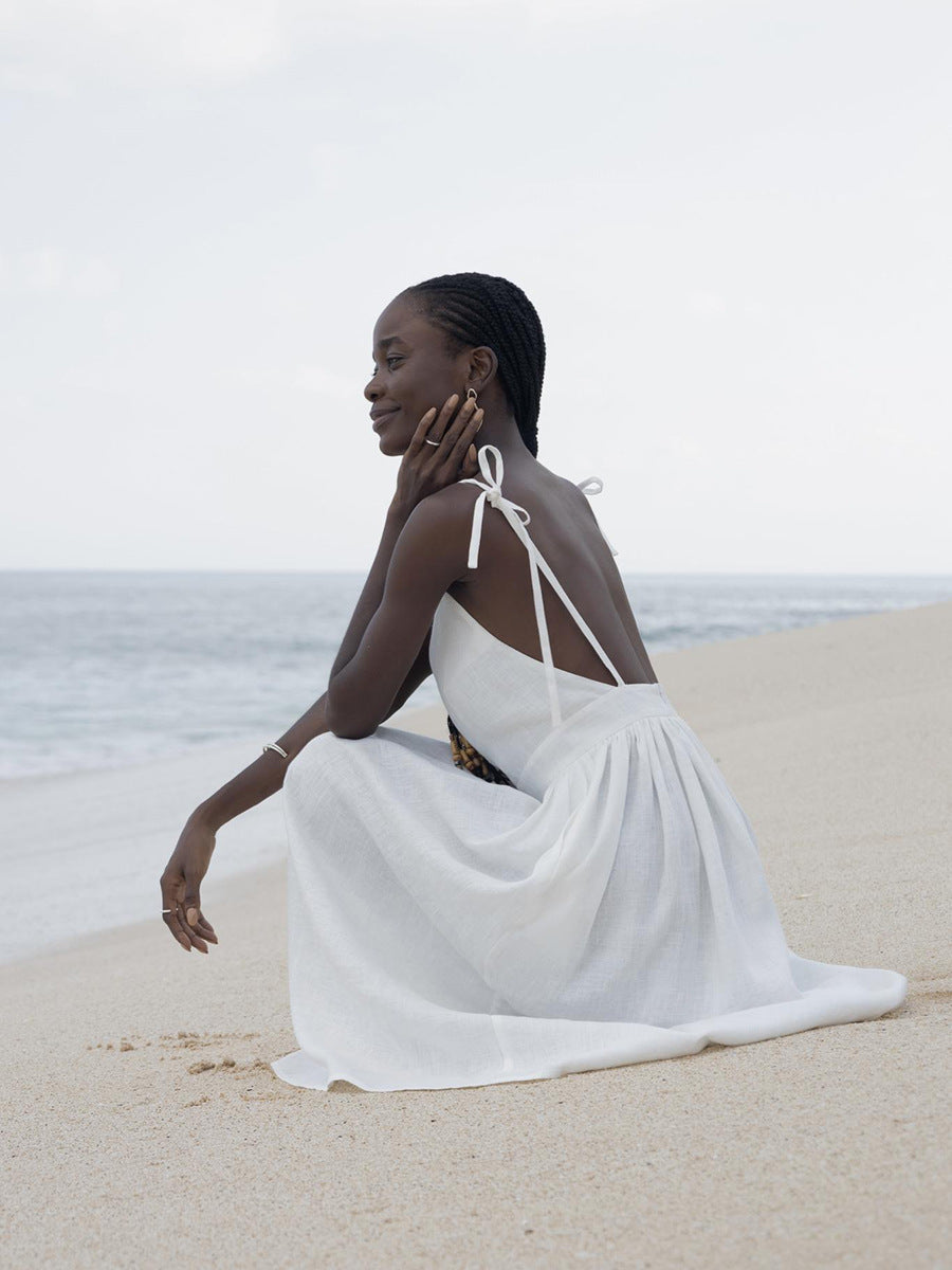 Strand Lässiges Urlaub Neckholder Rückenfreies Midikleid