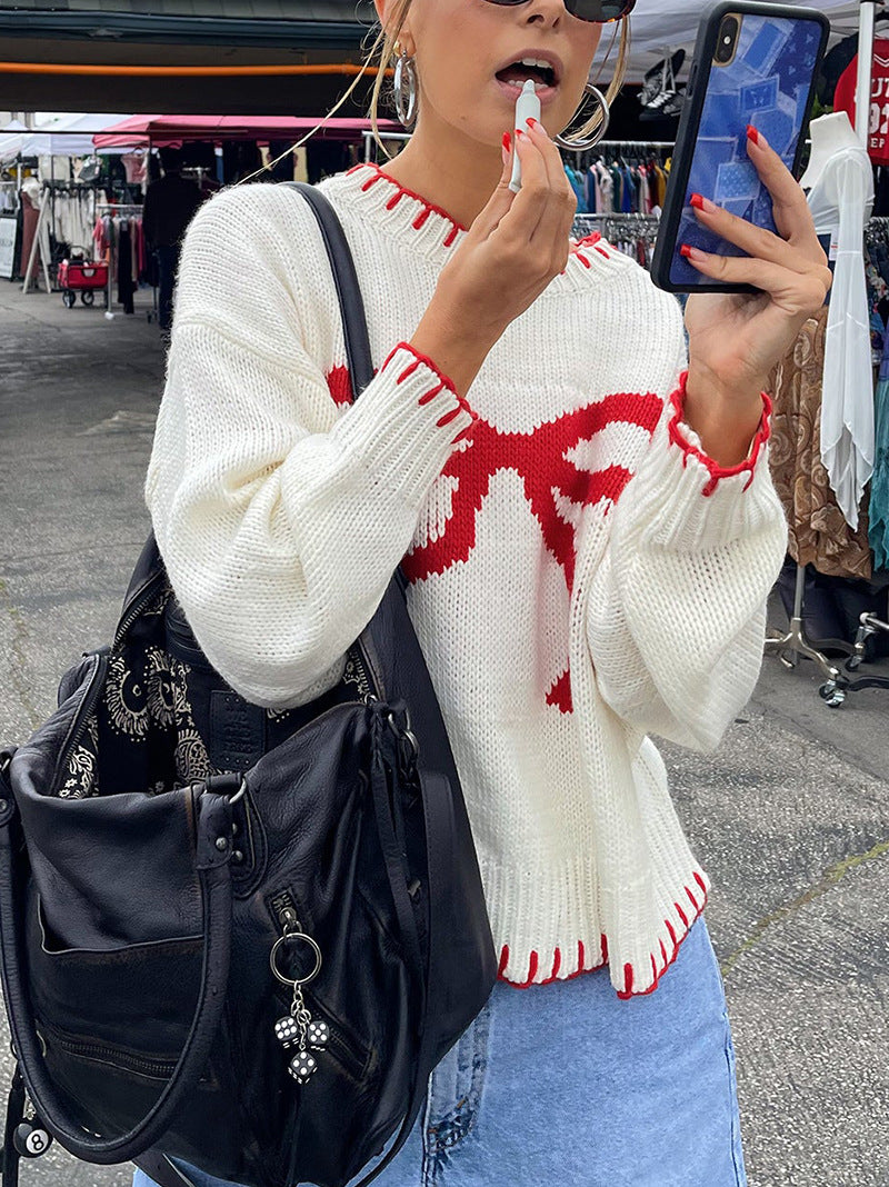 Cream Red Bow Knitted Sweater