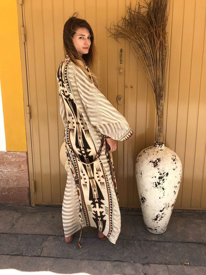 Retro Geometric Ethnic Print Open Front Slit Duster Kimono