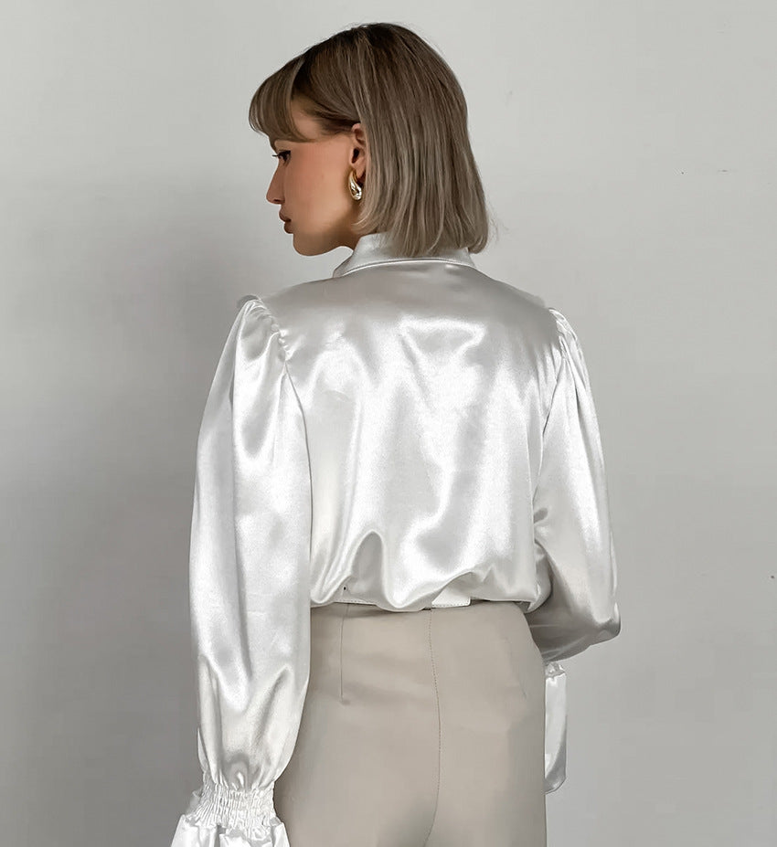 Elegant Pleated Flared Sleeve Pearl Button Shirt