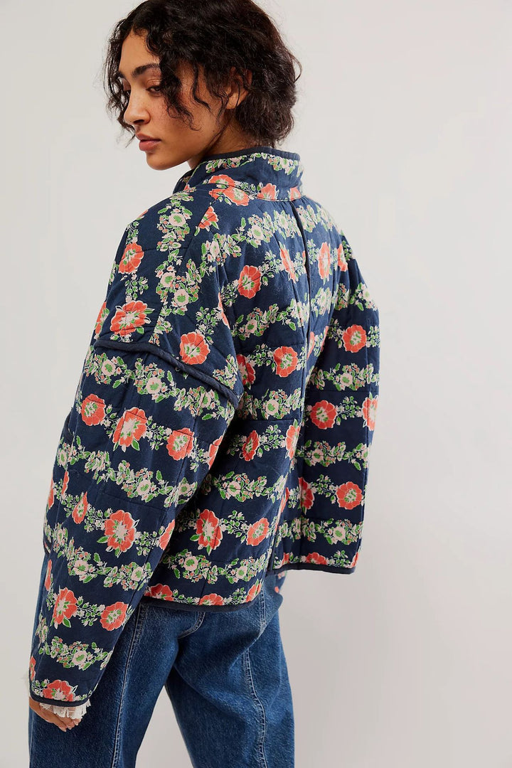 Flower Print Pocket Clip Cotton Drop Shoulder Jacket-Navy Blue