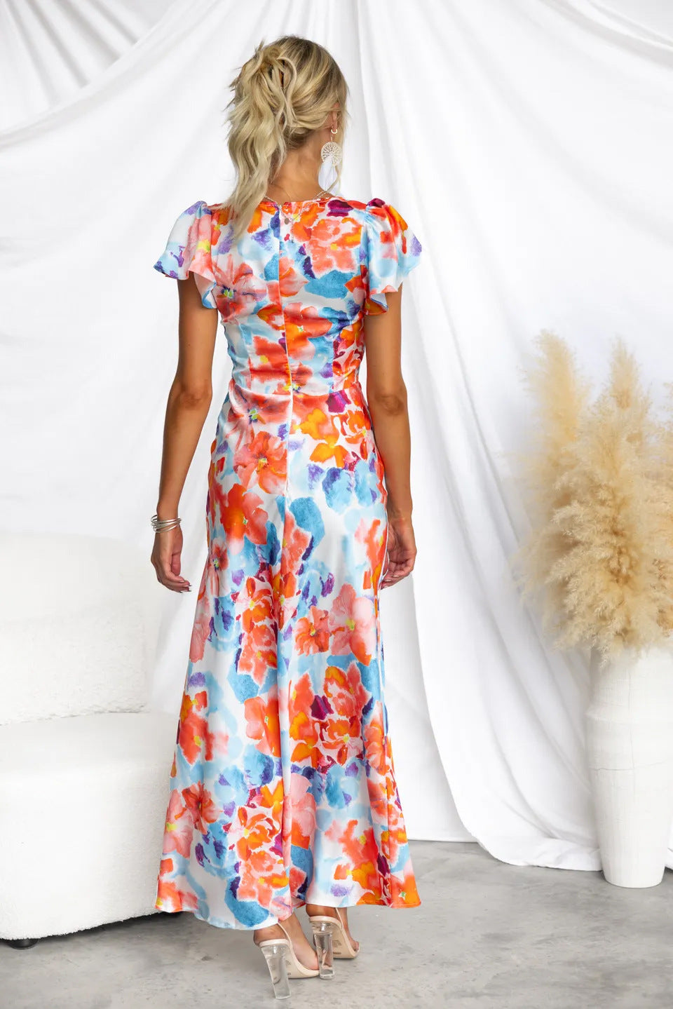 Flower Print V-neck Peplum Sleeve Maxi Dress