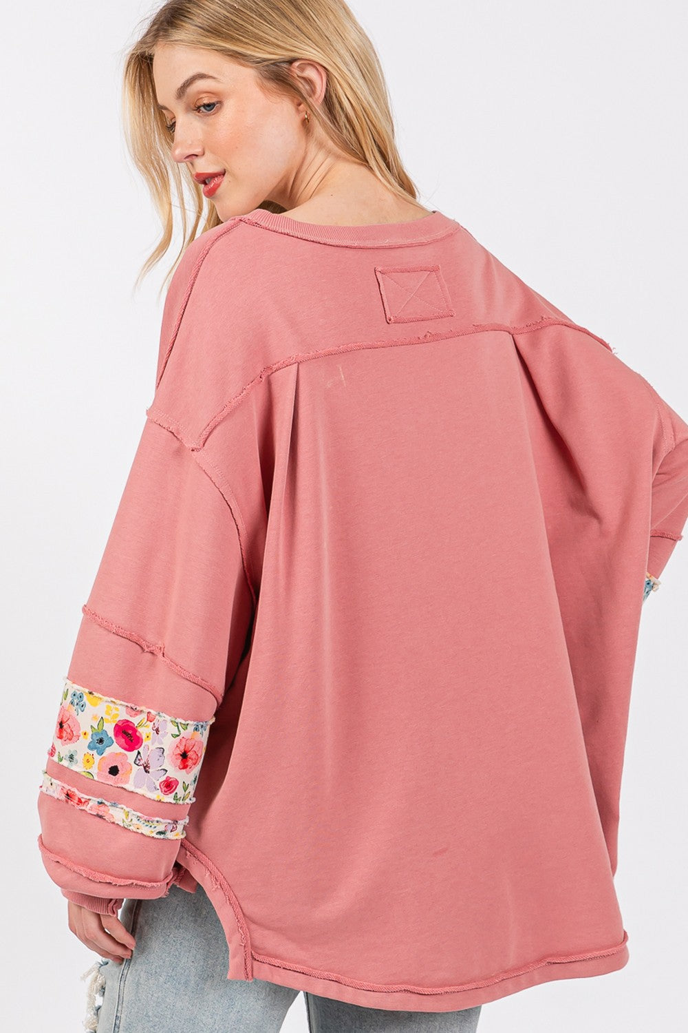 Floral Print Patch Patchwork Long-Sleeved Sweatshirt