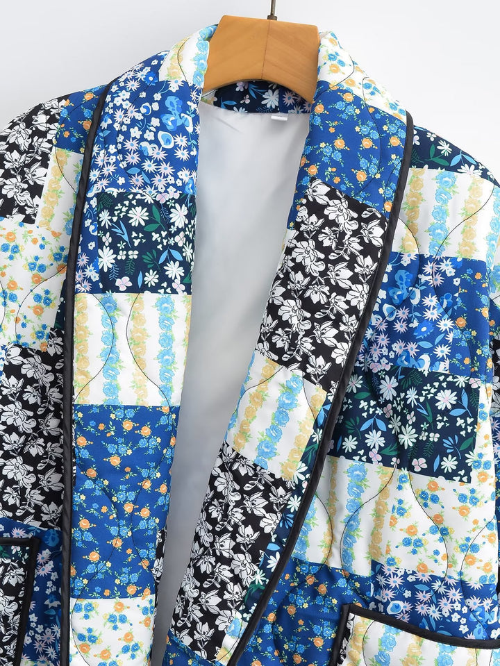 Blommigt Patchwork Print Lapel Pocket Jacka