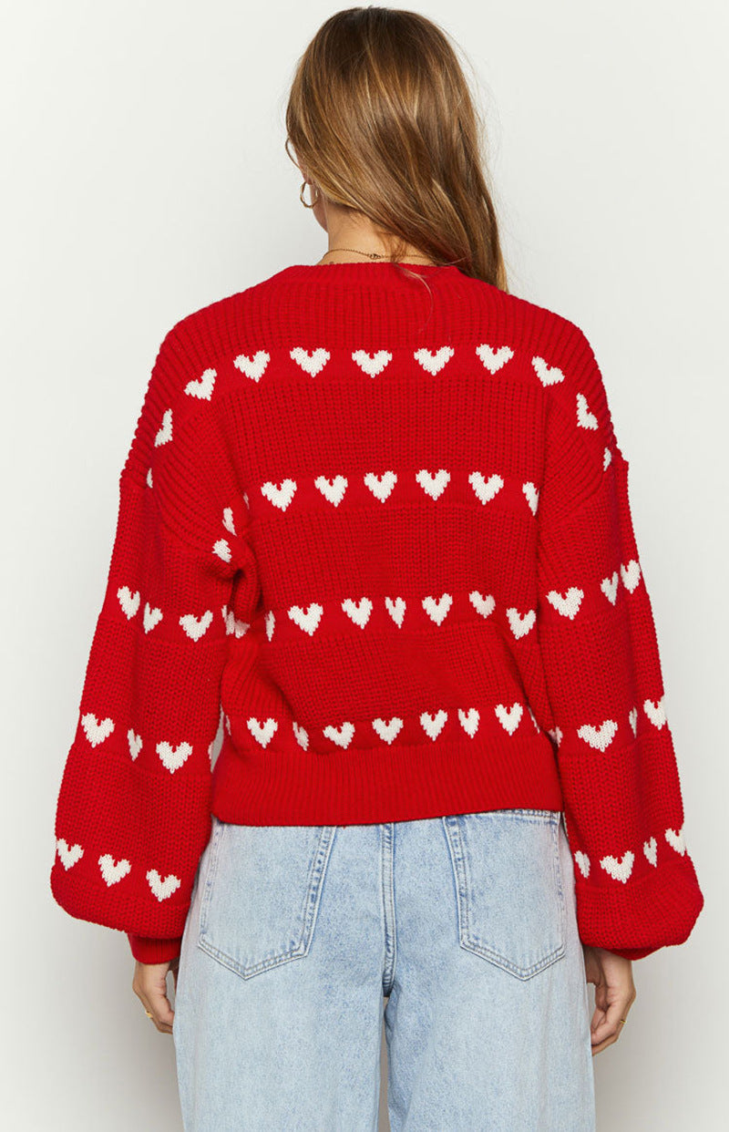 Lovey Red Heart Stripe Knitted Sweater