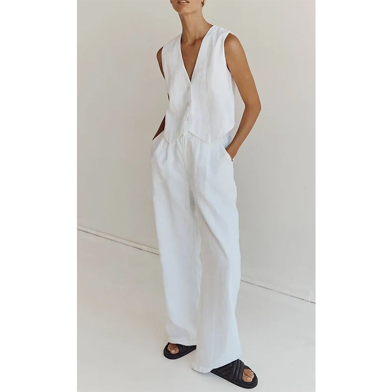 Cotton Linen Suit Vest Wide Leg Pants Fashion Casual Suit