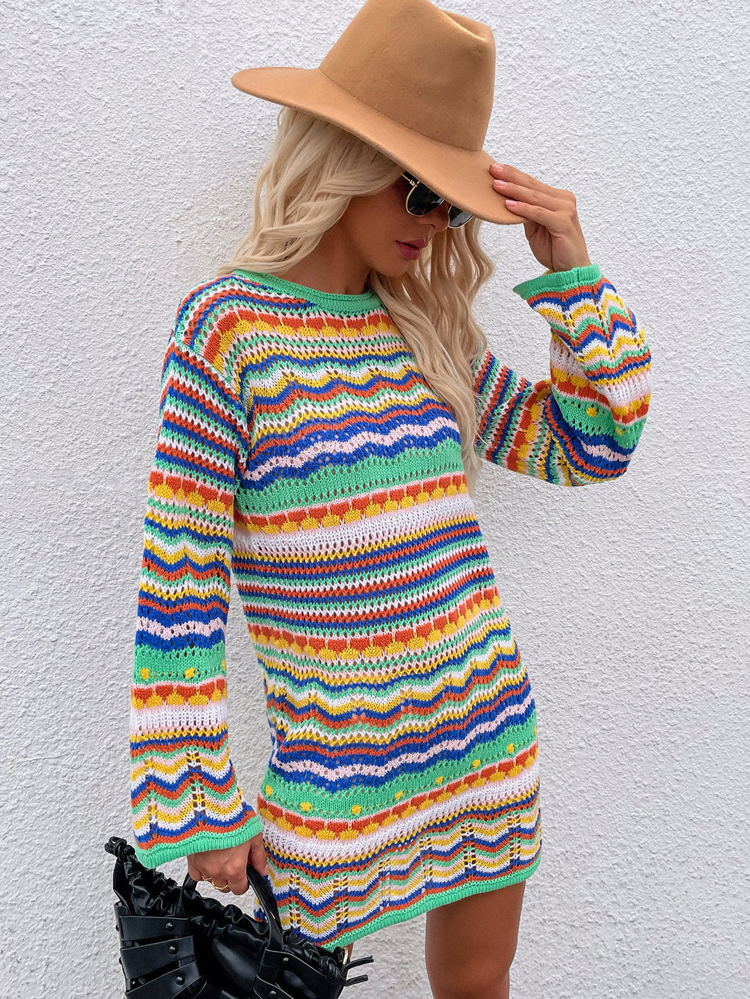 Striped Pullover Mid-Length Sweater Dress