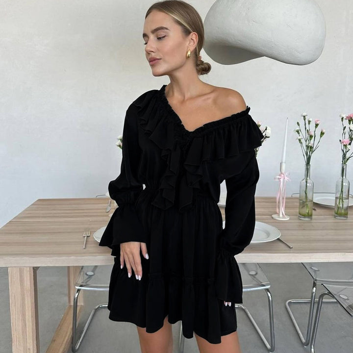 V-neck Pleated Ruffle Waist Long Sleeve Mini Dress