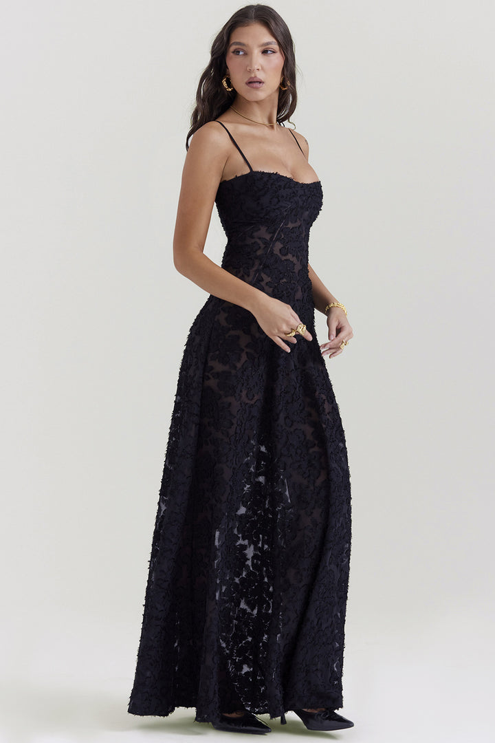 Black Floral Lace Back Maxi Dress