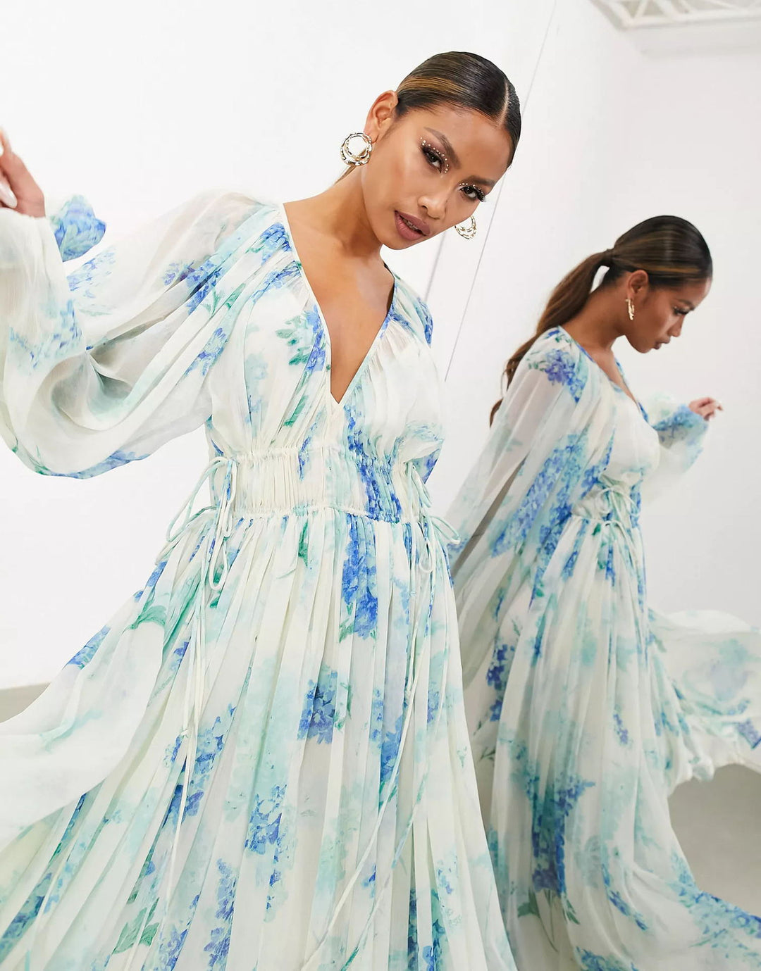 Ocean Flower Chiffon Floral Drawstring Waist Maxi Dress