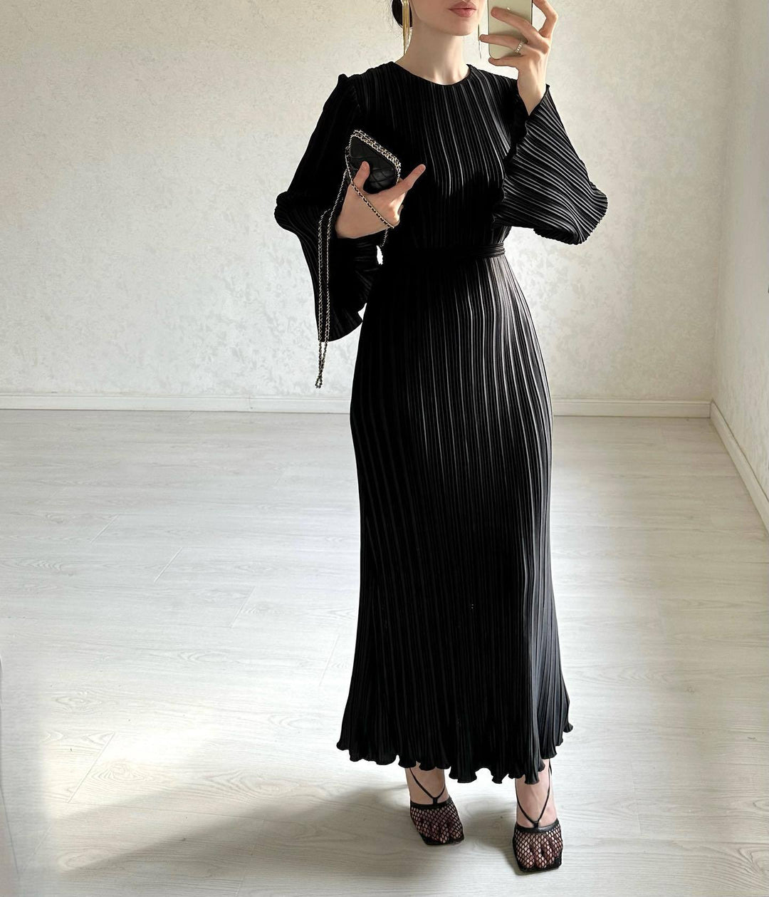 Pleated Bell Sleeve Maxi Dress