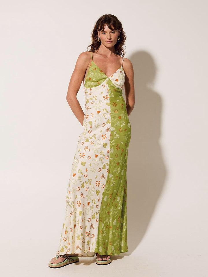 Color Contrast Print Patchwork Halter Maxi Dress