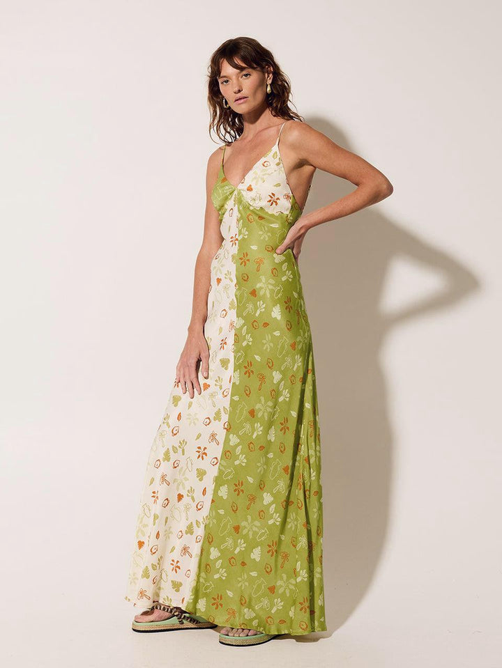 Color Contrast Print Patchwork Halter Maxi Dress