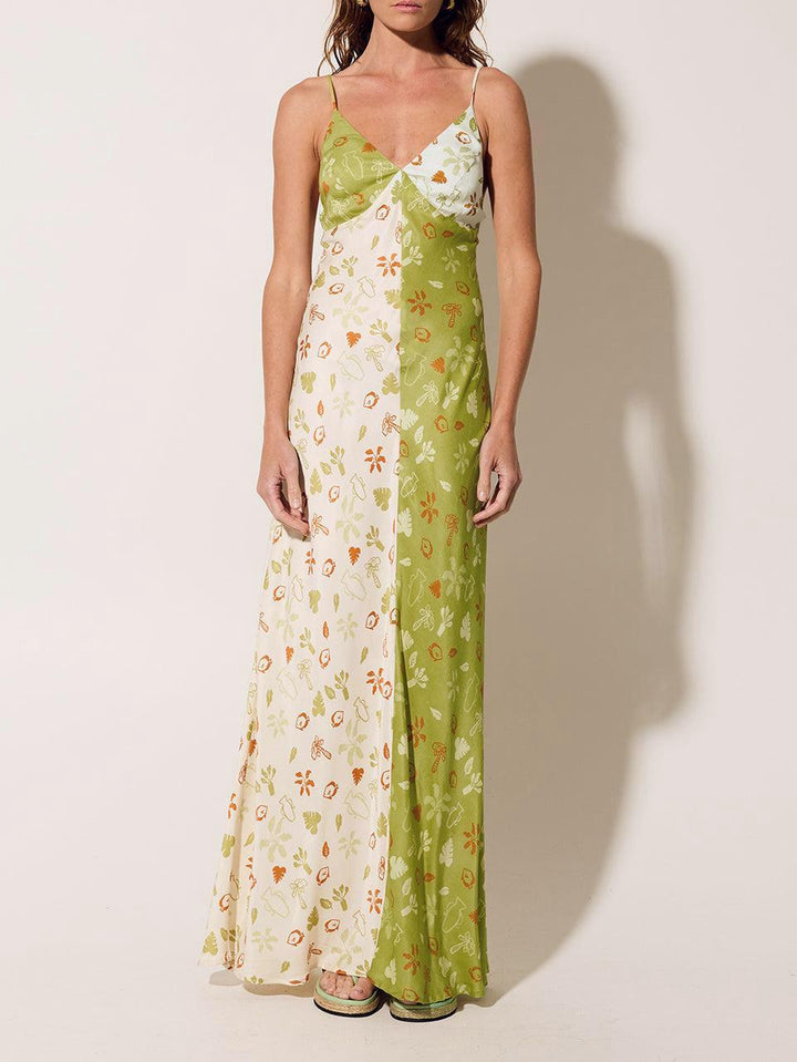 Color Contrast Print Patchwork Halter Maxi Dress