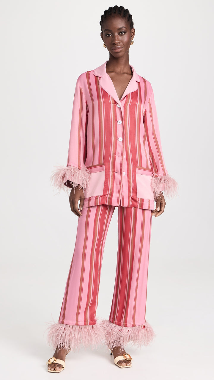 Party Pajama with Detachable Feathers in Pink Stripes