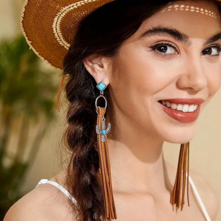 Pendientes colgantes con borlas largas con incrustaciones de turquesa y cuero artificial, estilo vaquero bohemio, decoración única para las orejas